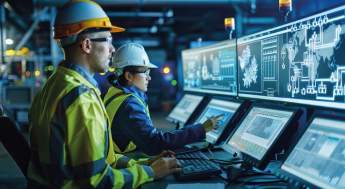 Engineers in PPE monitor energy data at an industrial control panel. Image: Kien/stock.adobe.com