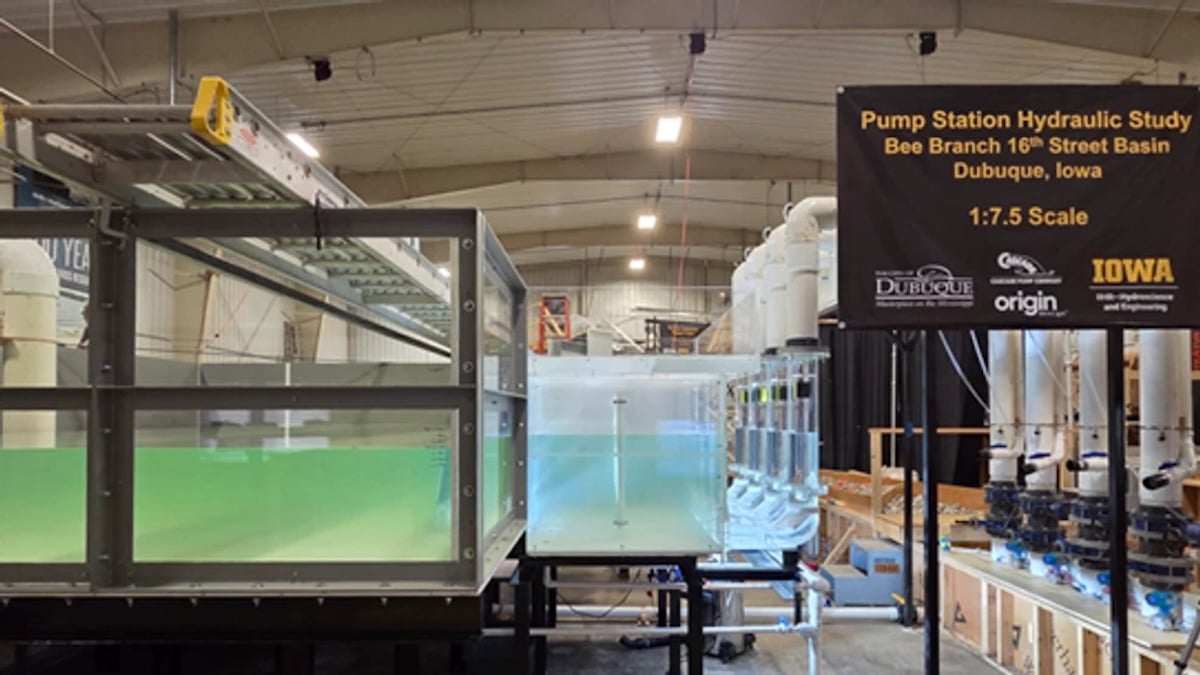 Scale model of the Bee Branch Stormwater Pumping Station under hydraulic testing at the University of Iowa’s IIHR facility.